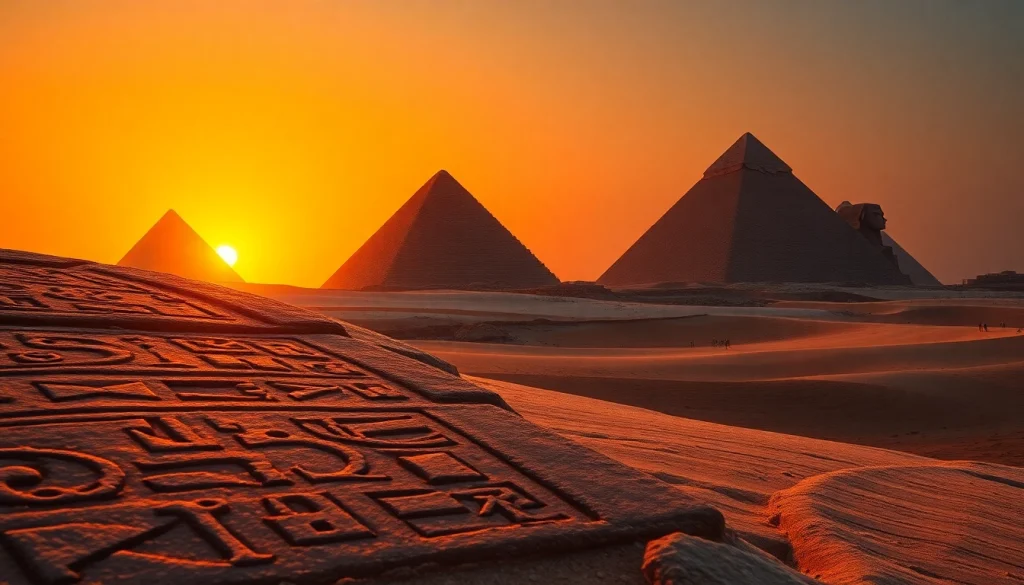 Ancient piraminds silhouetted against a vibrant sunset, showcasing their grandeur and mystery.