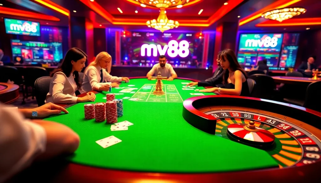 Excited players engaging in poker at an upscale casino, focusing on mv88 online betting experience.