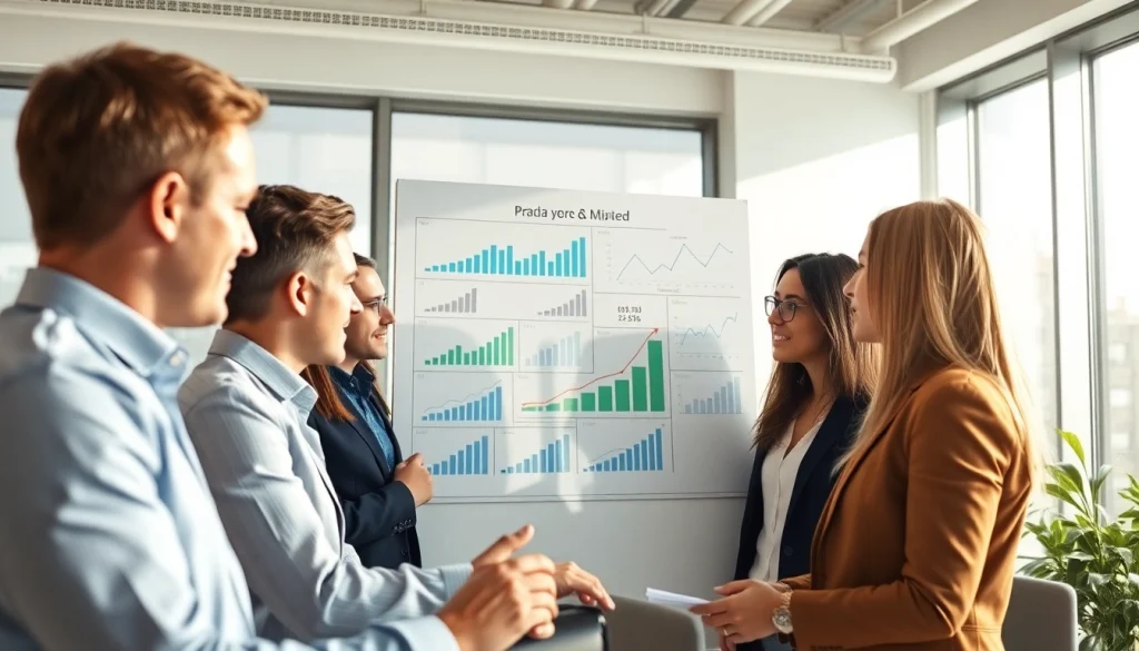 Engaging business growth insights with a dynamic team collaborating in a modern office.