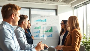 Engaging business growth insights with a dynamic team collaborating in a modern office.