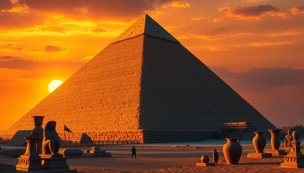 Explore the majestic piraminds of ancient Egypt against a breathtaking sunset.
