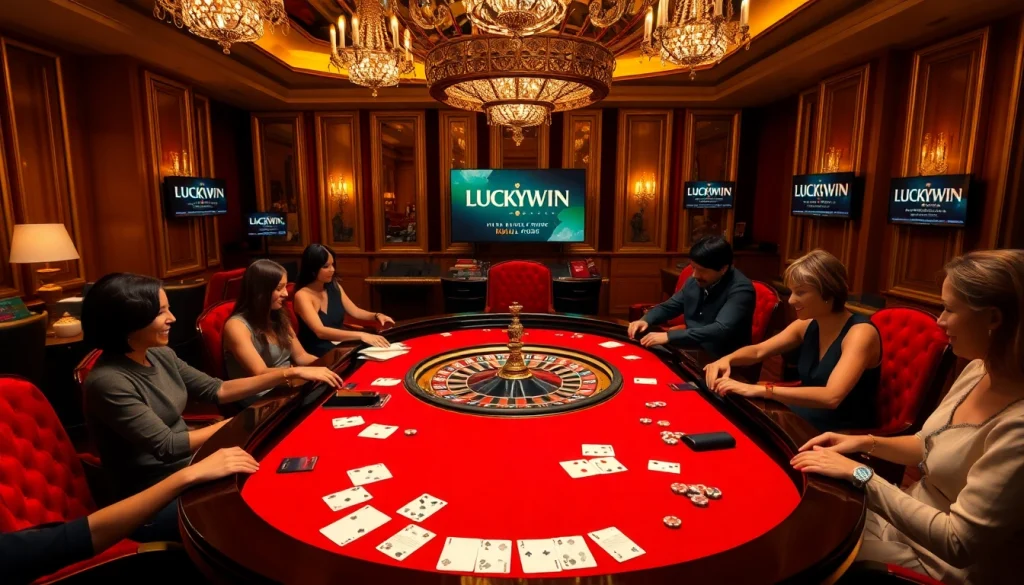 Players enjoying a thrilling roulette game at LUCKYWIN casino, surrounded by vibrant colors and luxury.
