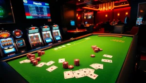 Experience the thrill of gambling at Haywin with vibrant poker chips and flashing slot machines.
