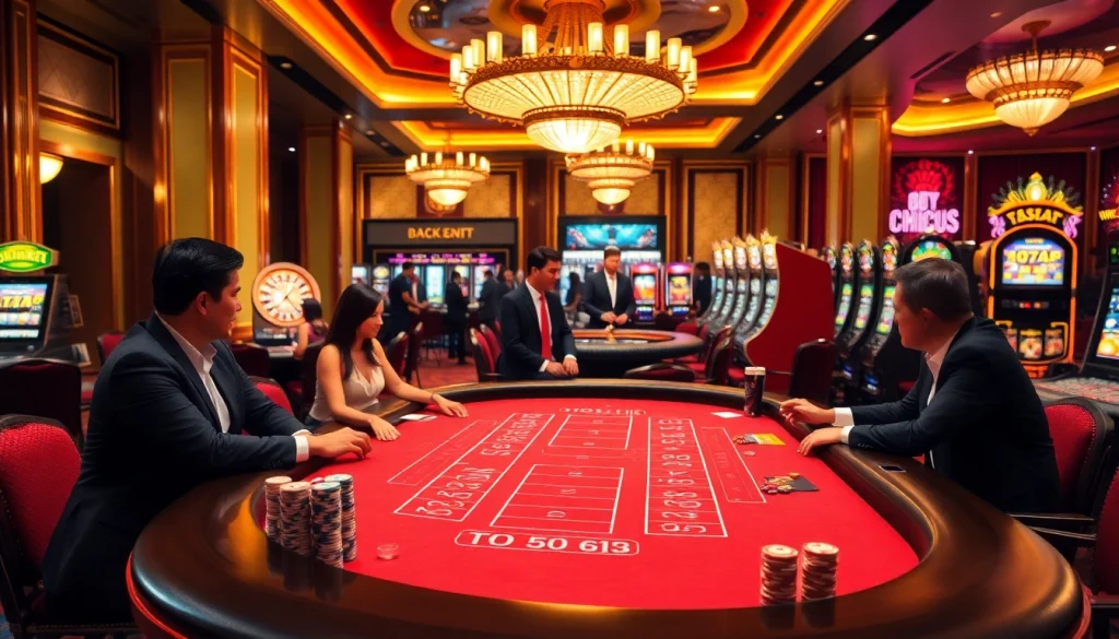 Engaging scene of sbobet link alternatif with casino tables and vibrant gambling elements.