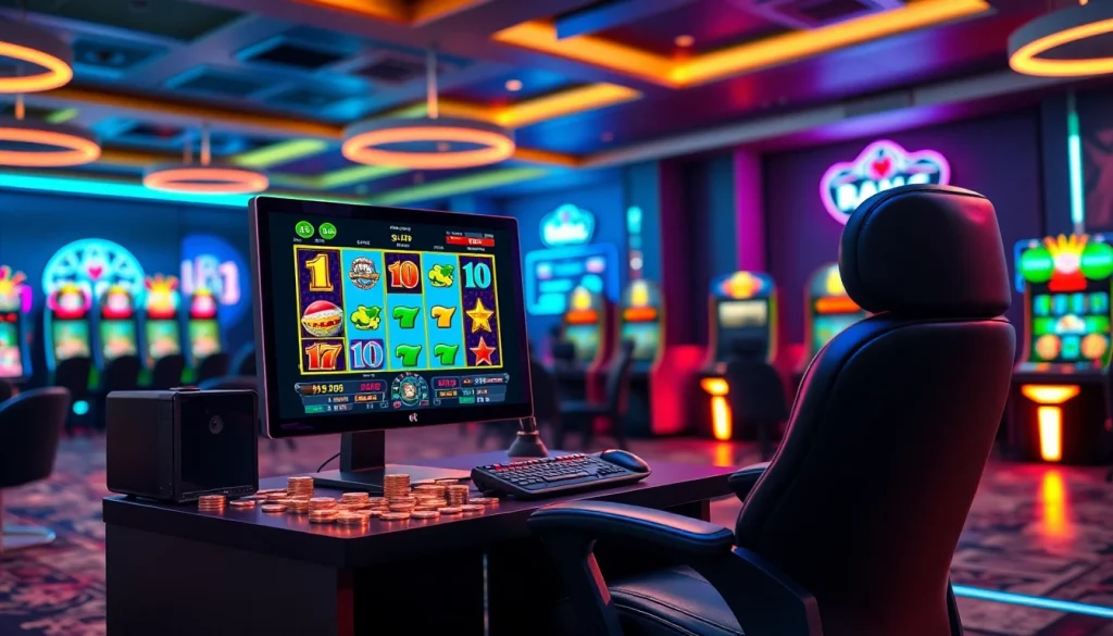 Menggambarkan slot depo 1k dengan suasana permainan slot online yang menarik dan ceria.