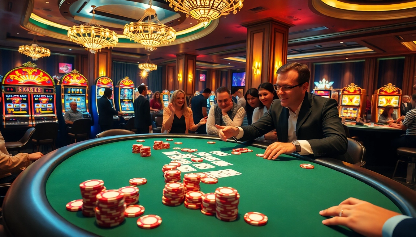 KPI4D poker players strategizing at a vibrant casino table amidst colorful chips and cards.