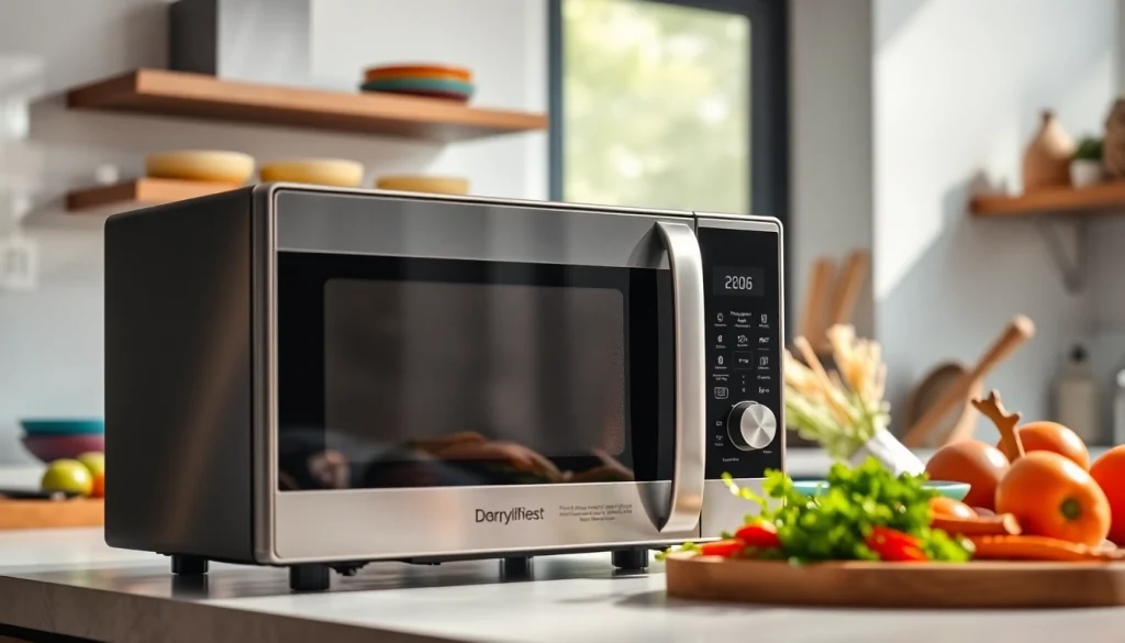 Enhancing microwave oven sales through a sleek kitchen display showcasing its modern design.
