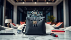 Handy Tasche abschließbar mit elegantem Design und sicherem Verschluss, auf stilvollem Tisch platziert.