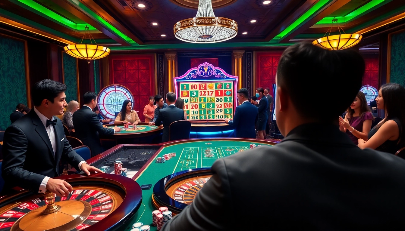 Players enjoying an exciting casino experience on open88.com with lively poker tables and vibrant gaming atmosphere.