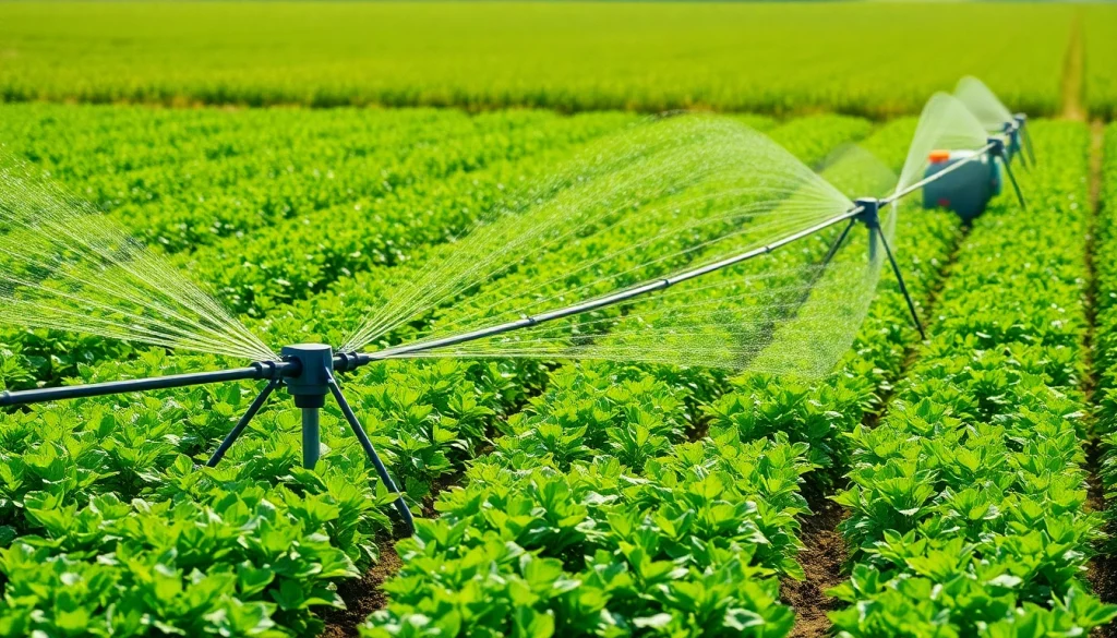 Efficient land irrigation system managing water flow in vibrant crops.