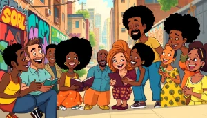 A vibrant scene showcasing diverse animated characters from African American cartoons, celebrating culture and community.