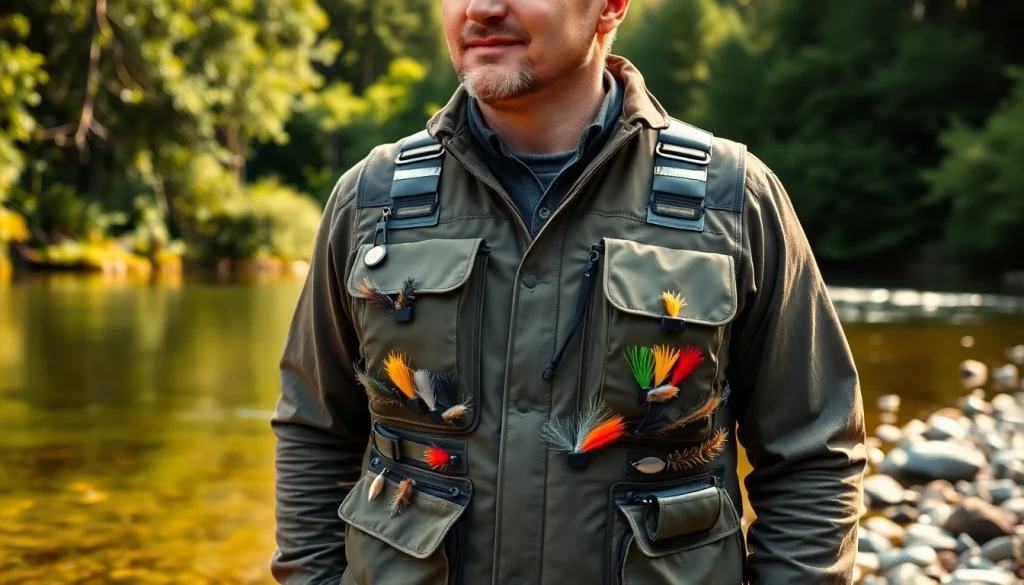 Angler showcasing a well-equipped fly fishing vest by a river, highlighting its pockets and features.