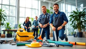 Professionals performing general building maintenance in a bright office environment.