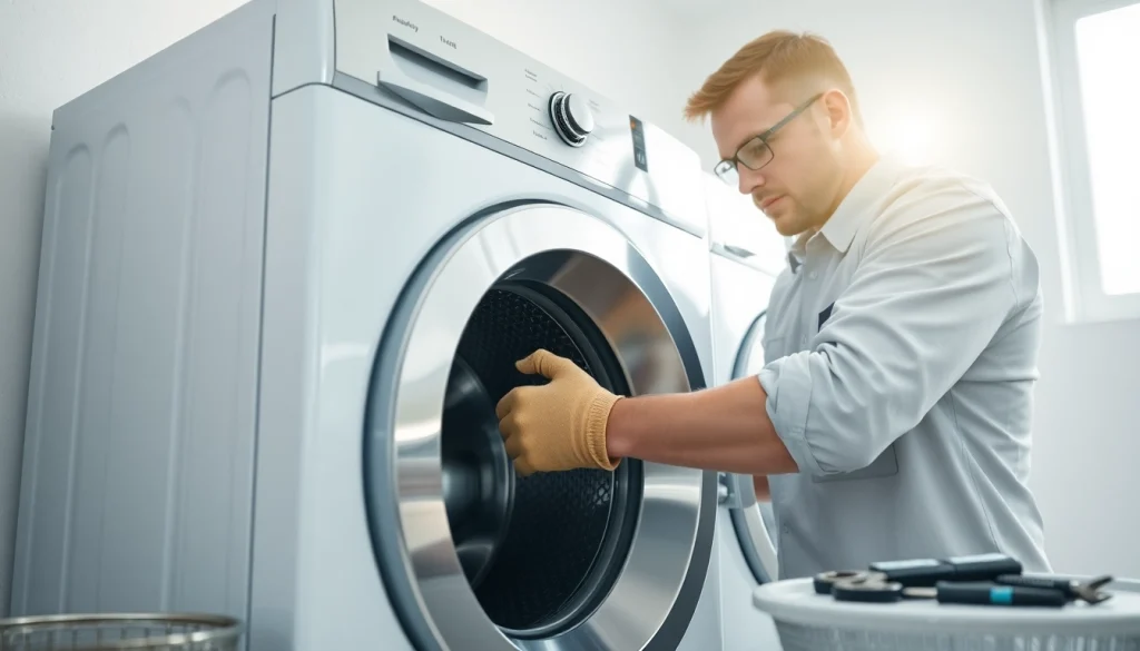 Get expert washer repair near me by a skilled technician in a modern laundry setting.