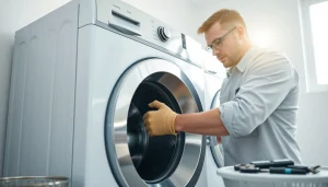 Get expert washer repair near me by a skilled technician in a modern laundry setting.