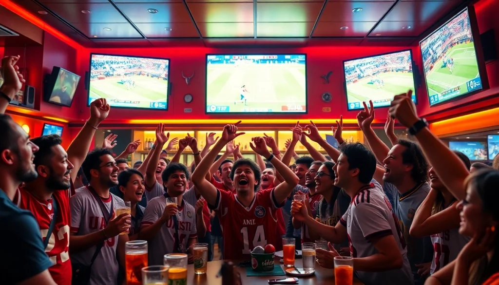 Exciting sports betting scene at a lively bar celebrating 토토스토리.