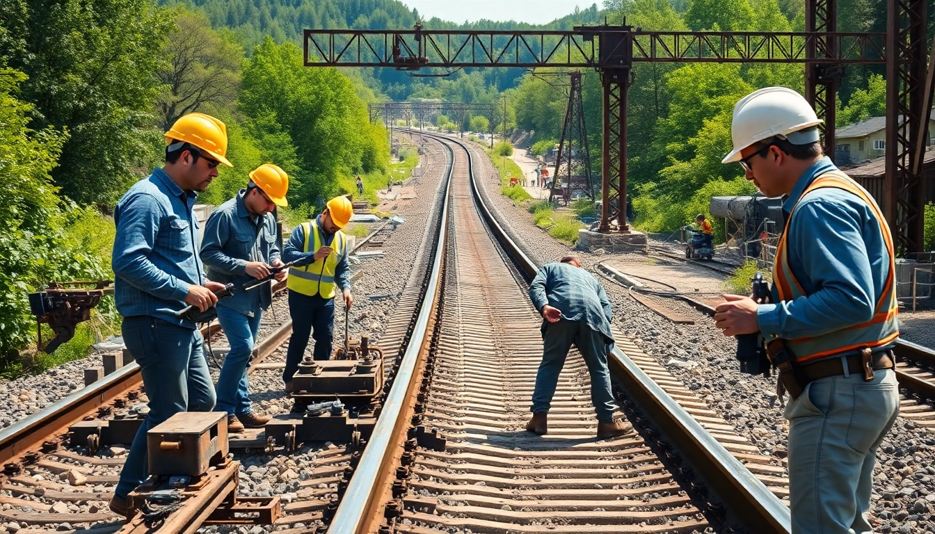 Railroad Contractors USA collaborating on a railway construction project in a vibrant setting.