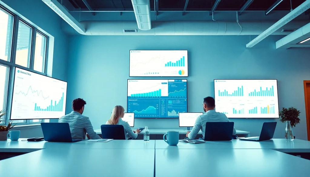 Klynt team collaborating in a modern workspace with laptops and analytics.