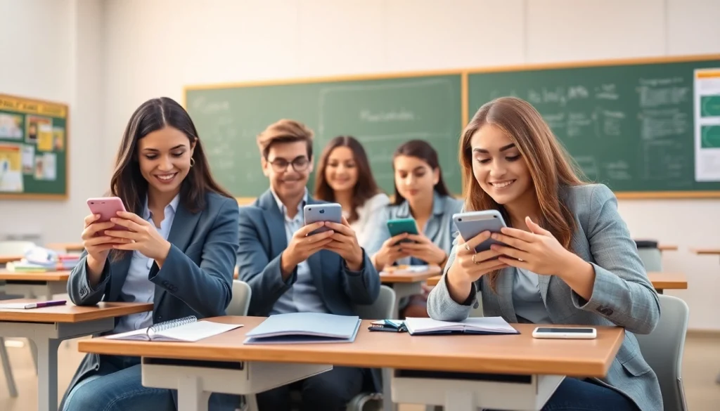 Students using smartphone solution in school life for collaborative learning.