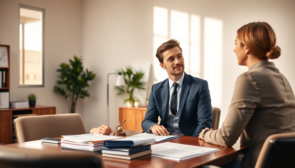 Beratung zur Änderungskündigung mit Anwalt und Klient in einer modernen Büroumgebung.