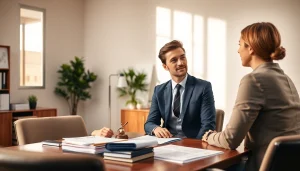 Beratung zur Änderungskündigung mit Anwalt und Klient in einer modernen Büroumgebung.