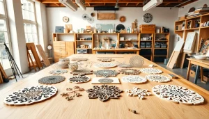 Showcase of laser cutting designs on a creative workspace table with vibrant elements.