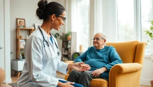 Caregiver delivering home healthcare services to a senior client in a cozy living room setting.