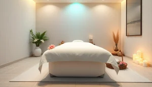 편안한 경험을 위한 마사지 필수 요소를 보여주는 이완 마사지 치료실.