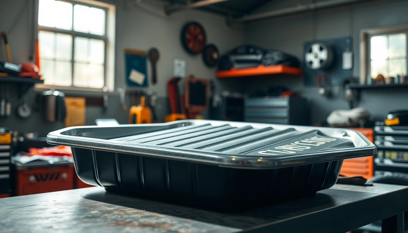 Efficient oil drain pan showcased with bright garage tools in the background.