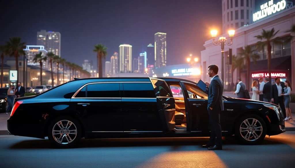 Luxury Los Angeles Limo service with a sleek black limousine and professional driver, capturing glamour.