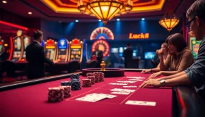 Experience thrilling gameplay at LUCK8 casino with engaging poker tables and vibrant slot machines.