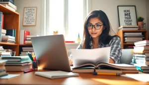 Engaged student focusing on exam preparation at a bright study desk with resources.