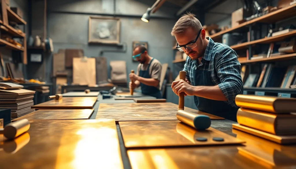 Meșteșugari lucrând cu tabla alama într-un atelier bine iluminat.