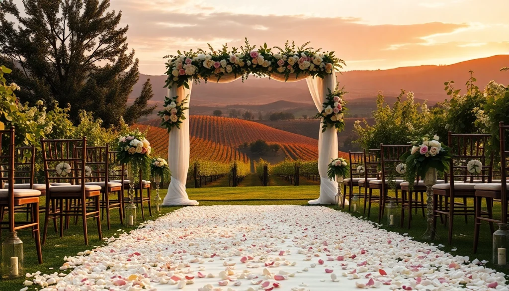 Captivating Clarksburg wedding scene in a vineyard with sunset lighting and floral decorations.