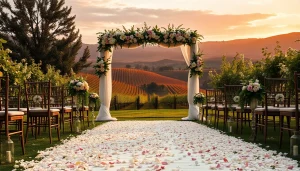 Captivating Clarksburg wedding scene in a vineyard with sunset lighting and floral decorations.