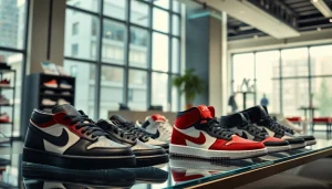 레플리카사이트에서 제공하는 다양한 신발 디자인을 보여주는 전시.