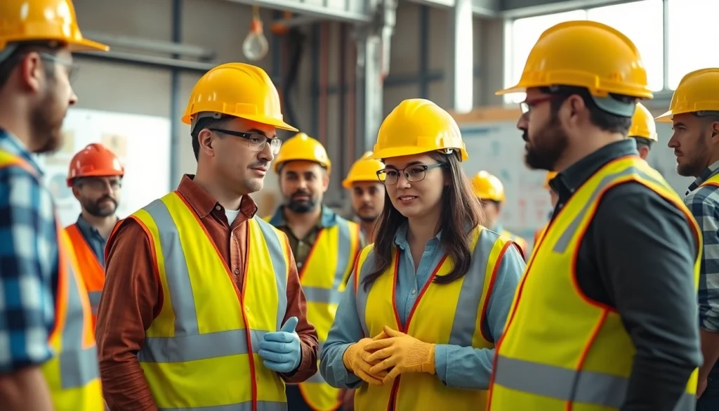 Construction safety training with workers in safety gear collaborating on-site.