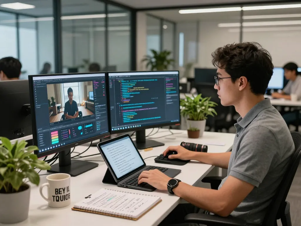 Video to prompt ai in action at a modern workspace with an analyst generating AI video prompts.