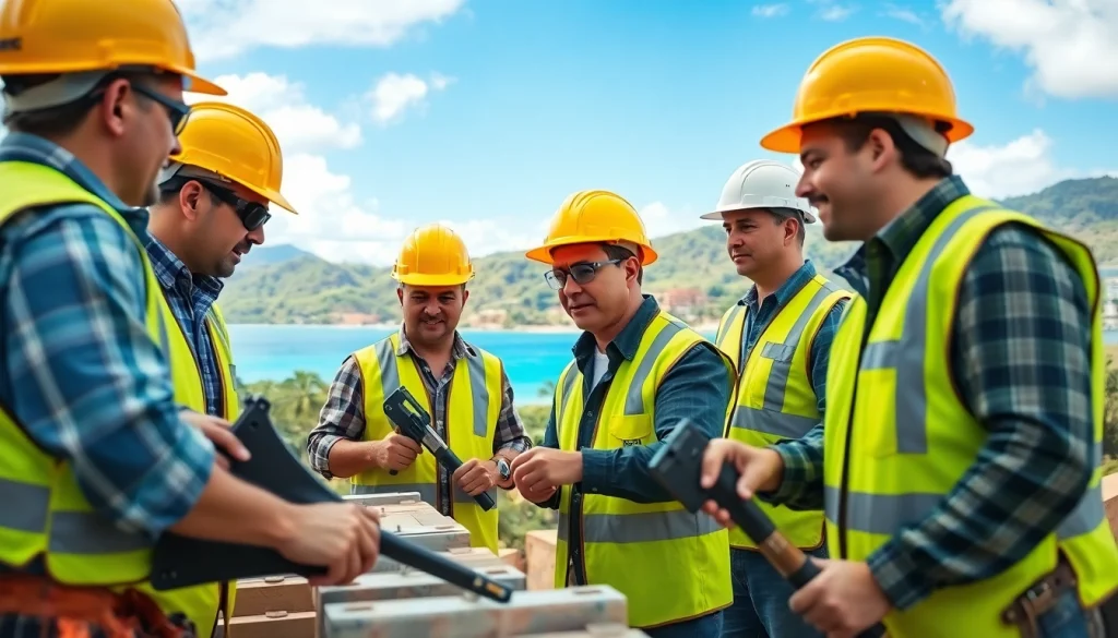 Hawaii construction association teamwork on-site near gorgeous Hawaiian landscape.