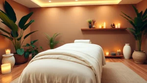 편안한 분위기와 부드러운 조명이 있는 이완 마사지 치료실 설정.