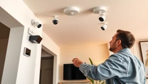 Técnico profesional instalando alarmas de seguridad en una casa moderna, que demuestra fiabilidad y confianza.