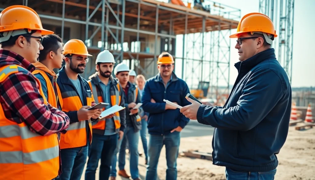 Engaged workers receiving construction training on-site with focused instruction.