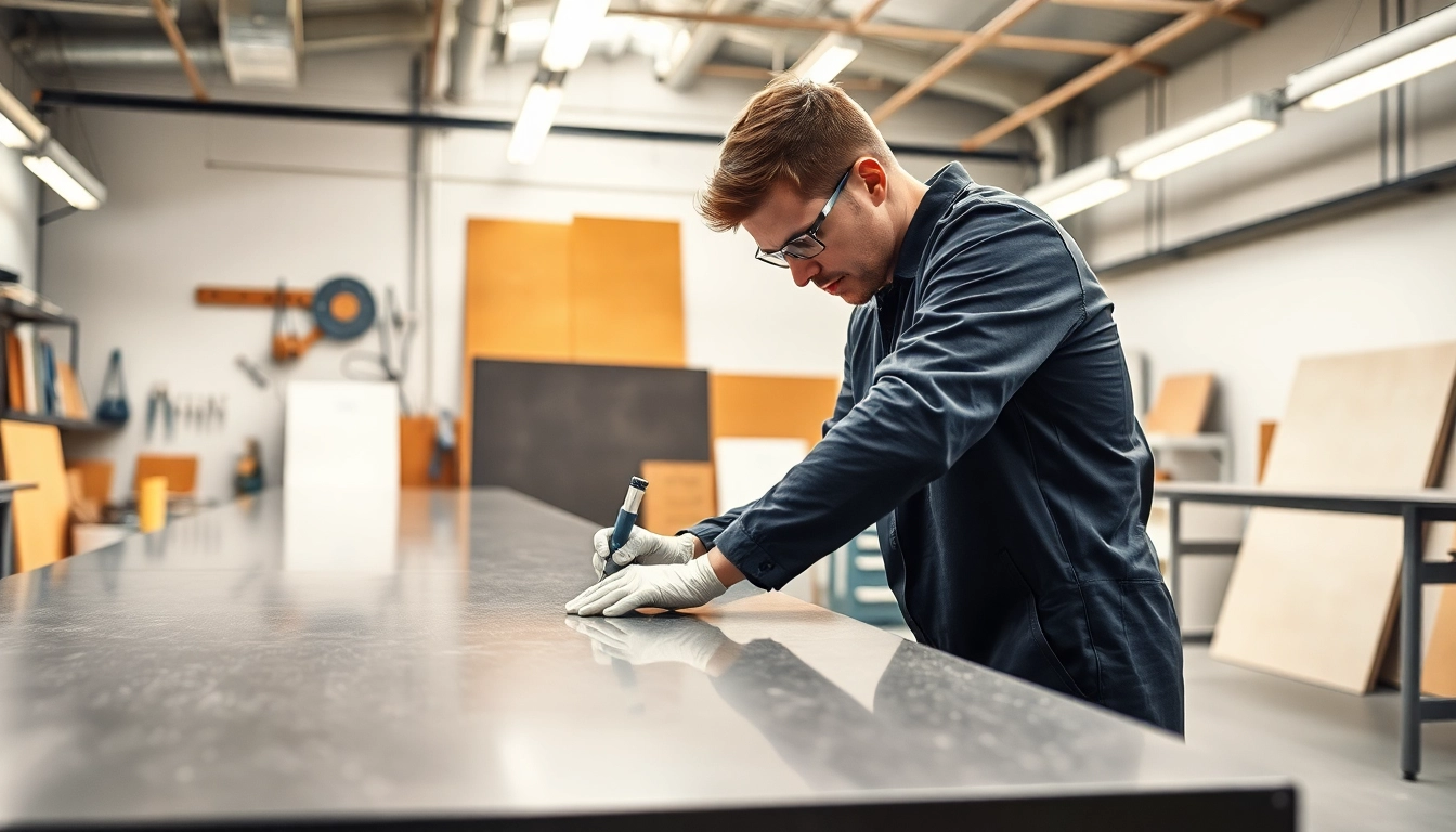 Showcasing surfacing solutions with a technician preparing a modern surface in a professional workspace.