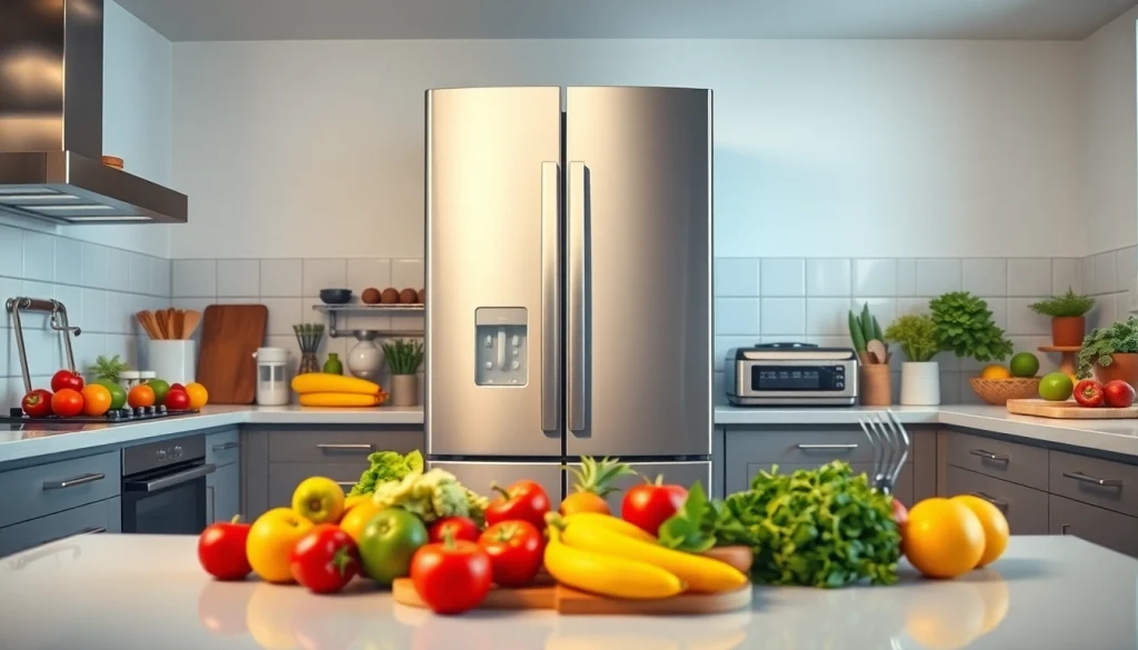 Refrigerator in a modern kitchen, surrounded by fresh fruits and vegetables, creating a vibrant atmosphere.
