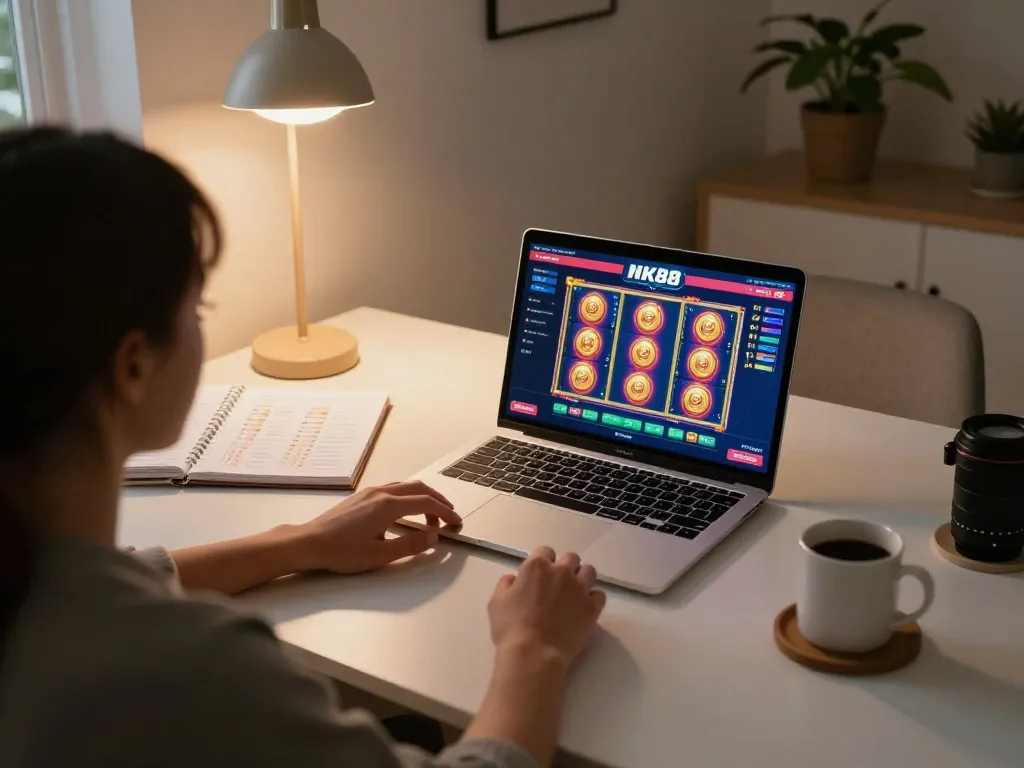 Person enjoying NK88 online casino gameplay at home with strategic notes and warm ambiance