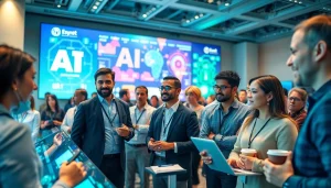 Engaged attendees at an AI and emerging technology conference, discussing innovations and networking.