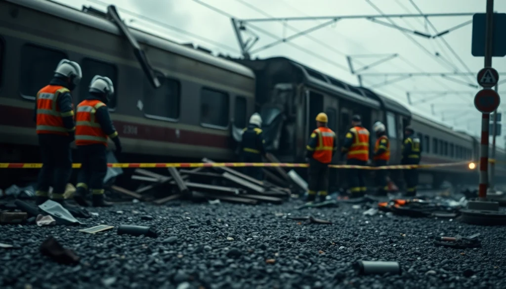 Investigating the impact of the spain train crash, emergency responders assess the scene.