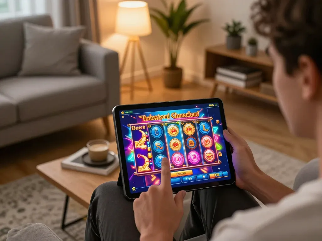 Engaging with a demo slot game on a tablet in a cozy home setting