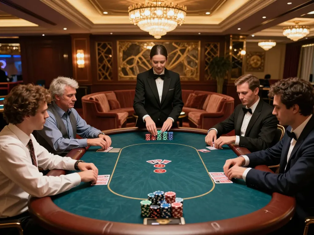 tv88 players engaging in intense poker game within a luxury casino setting with elegant decor.