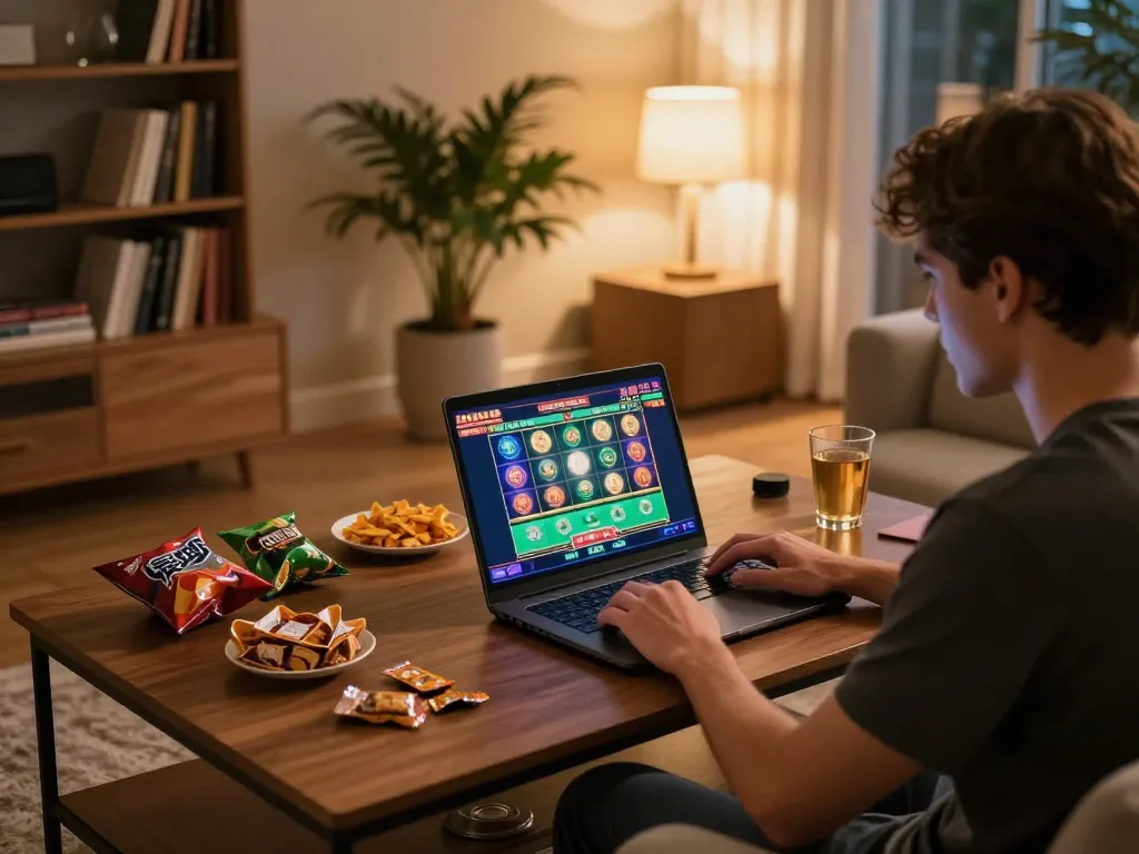 g28 trang chủ - Engaged player enjoying online slots in a cozy home setting with warm lighting